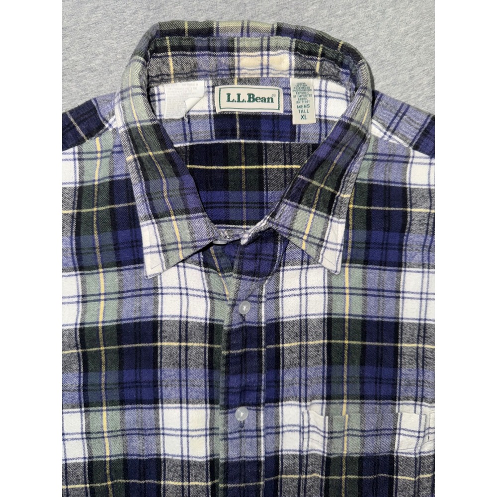 LL Bean Men Flannel Shirt Green Plaid Regular Fit Outdoor Very Soft Size XLT